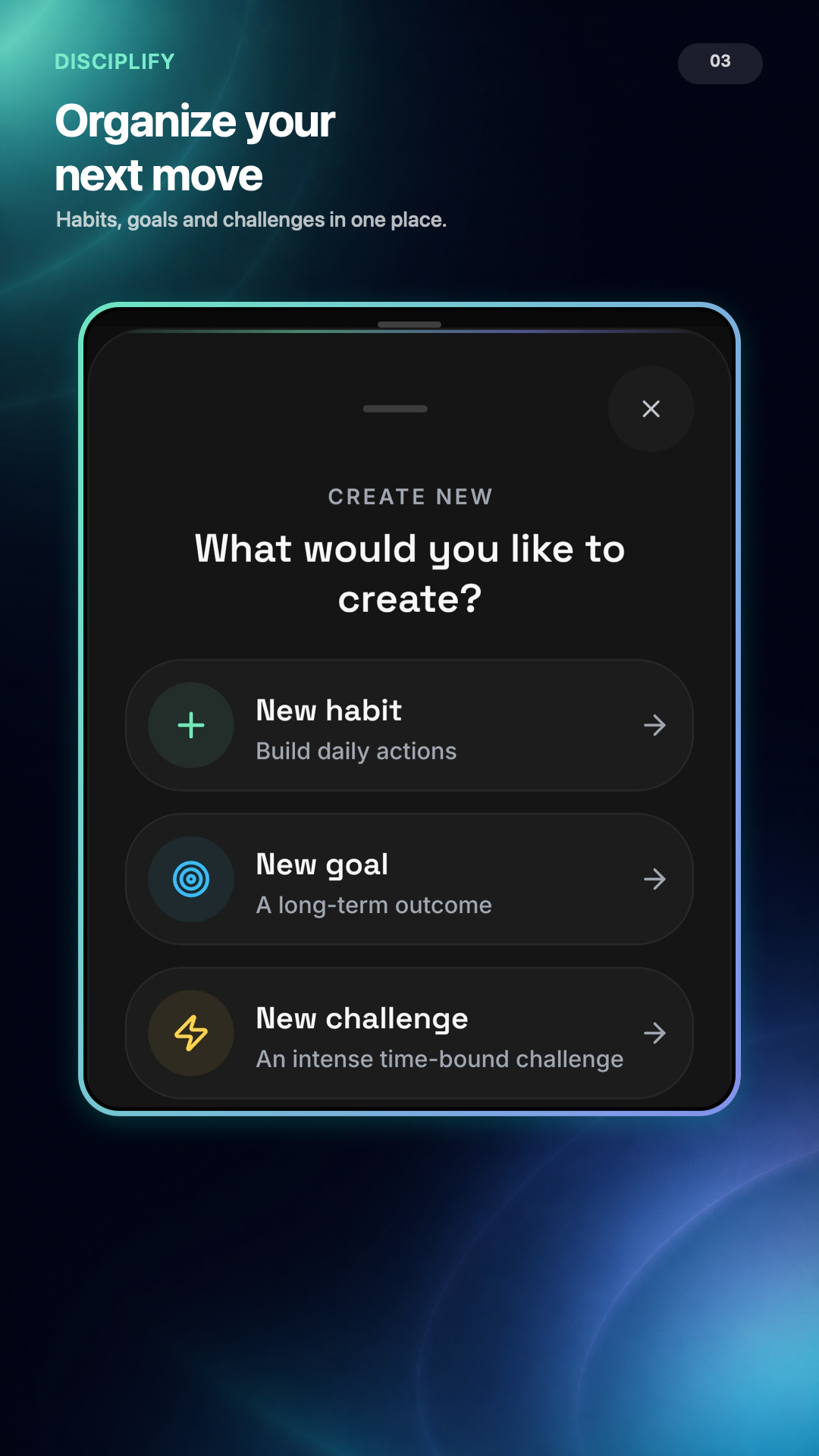 Disciplify creation menu for habits, goals and reminders